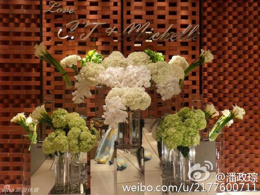 一对新人并肩而立，潘政琮轻搂妻子林盈君的腰，两人在镜头前露出略显羞涩却无比甜蜜的微笑，幸福满溢。